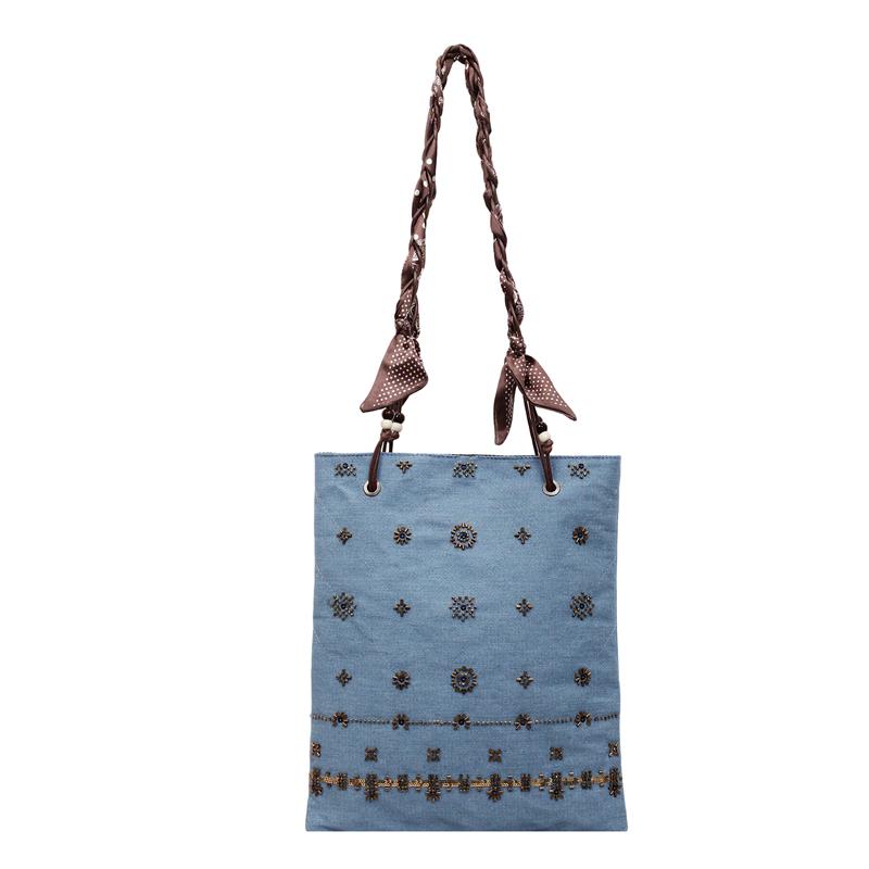 New Heavy-duty Beaded Denim Flannel Shoulder Bags Ethnic Style Versatile Crossbody Bags Large Capacity Retro Handbags for Women