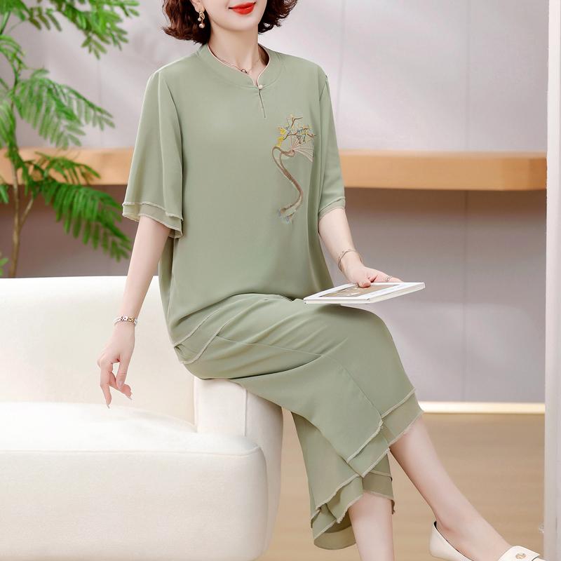 4XL-8XL Plus Size Chiffon Two Piece Sets Women Summer Elegant Summer Clothes for Woman Pants Sets Casual Oversize Blouses