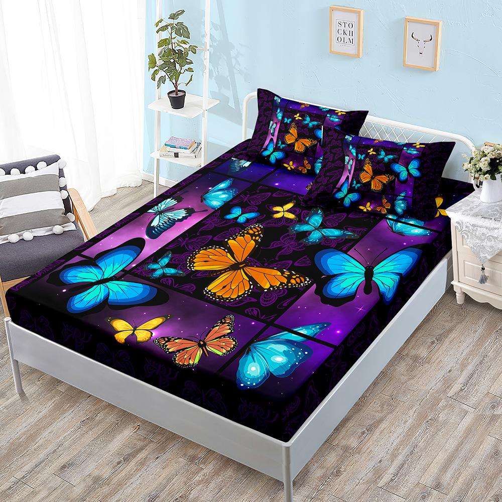 Butterfly Flower Kit, Bed Hat Three-Piece Set, Bed Cover, Pillowcase, Mattress Protective Cover.