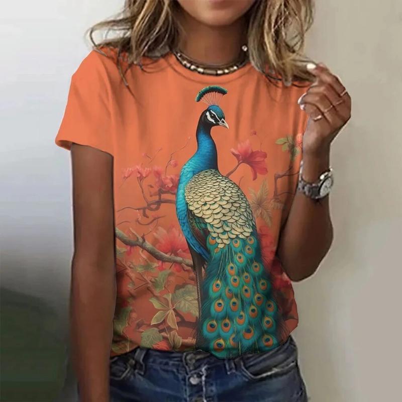Peacock T-Shirts Animal Women Fashion O-Neck Short Sleeve T Shirt Y2k Harajuku Oversized Tees Tops Female Clothing