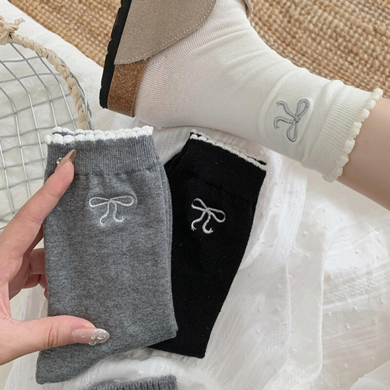 Aveiro Ribbon Embroidery Lovely Simple Mini Lace Long Socks gray