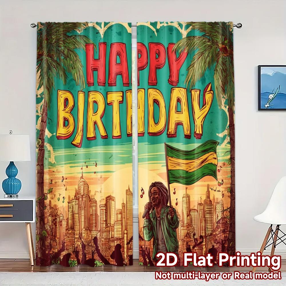 

Flat Printing Curtains Without Rod Tropical Birthday Popular Window Treatment Versatile Polyester Set Of 2 Made W100*H70(CM)-Rod Pocket&1PCS