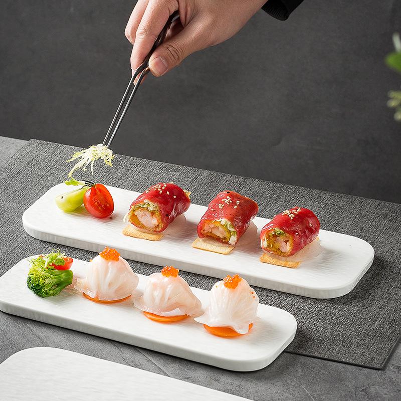 Pure White Rock Pattern Rectangular Flat Ceramic Strip Plate High-End Sushi Plate Restaurant Sashimi Plate Dim Sum Plate