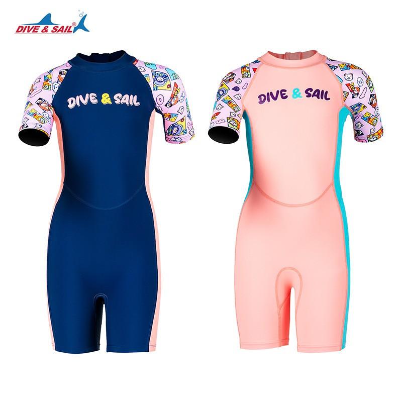 DIVESAIL Kids Short Sleeve Rash Guard One Piece Swimsuit Girls Quick Dry Sun Protection Swimming Beach Snorkeling