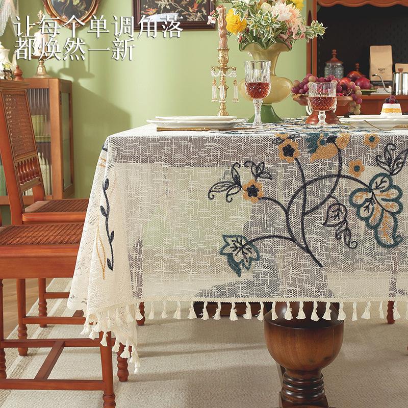 Vintage Lace Tablecloth Embroidery Hollow Fringed Fabric Dining Table Rectangular Cover Coffee Table Cloth High Sense