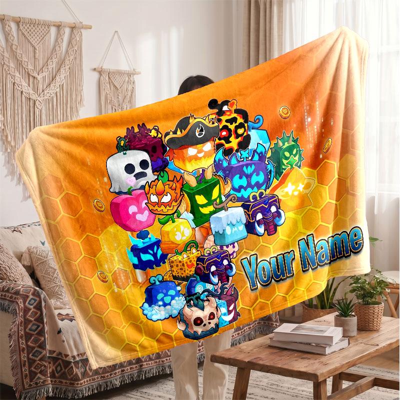 Blox Fruits Personalized Flannel Blanket, Custom Printed Text Name, Warm Soft Blanket For Couch Bed