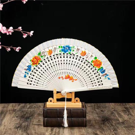 Faltfächer mit Quasten, doppelseitig, Blumenmuster, hohle Holzrippen, Laufstege, Tanz-Wing-Chun-Requisiten, Damen, Sommer-Handfächer, Partyzubehör