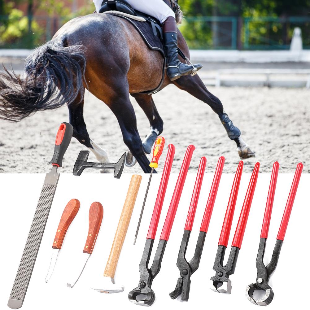 9 PEÇAS Aço Ferro Cabo Ergonômico Alicate Cortador de Cascos Ferradura Lima Martelo de Unha Ferramenta para Cascos Cavalo