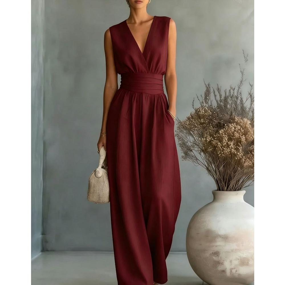 Women Spring Summer New V-neck Waist Slim Elegant Jumpsuit