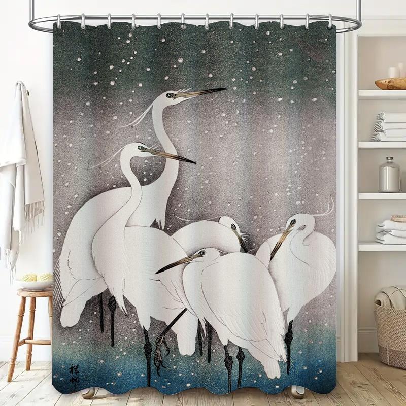 Deluxe White Egret Shower Curtain Unique Bath Decor for Home Decoration Soft Fabric Waterproof Printing Bathroom Rug Cover Set