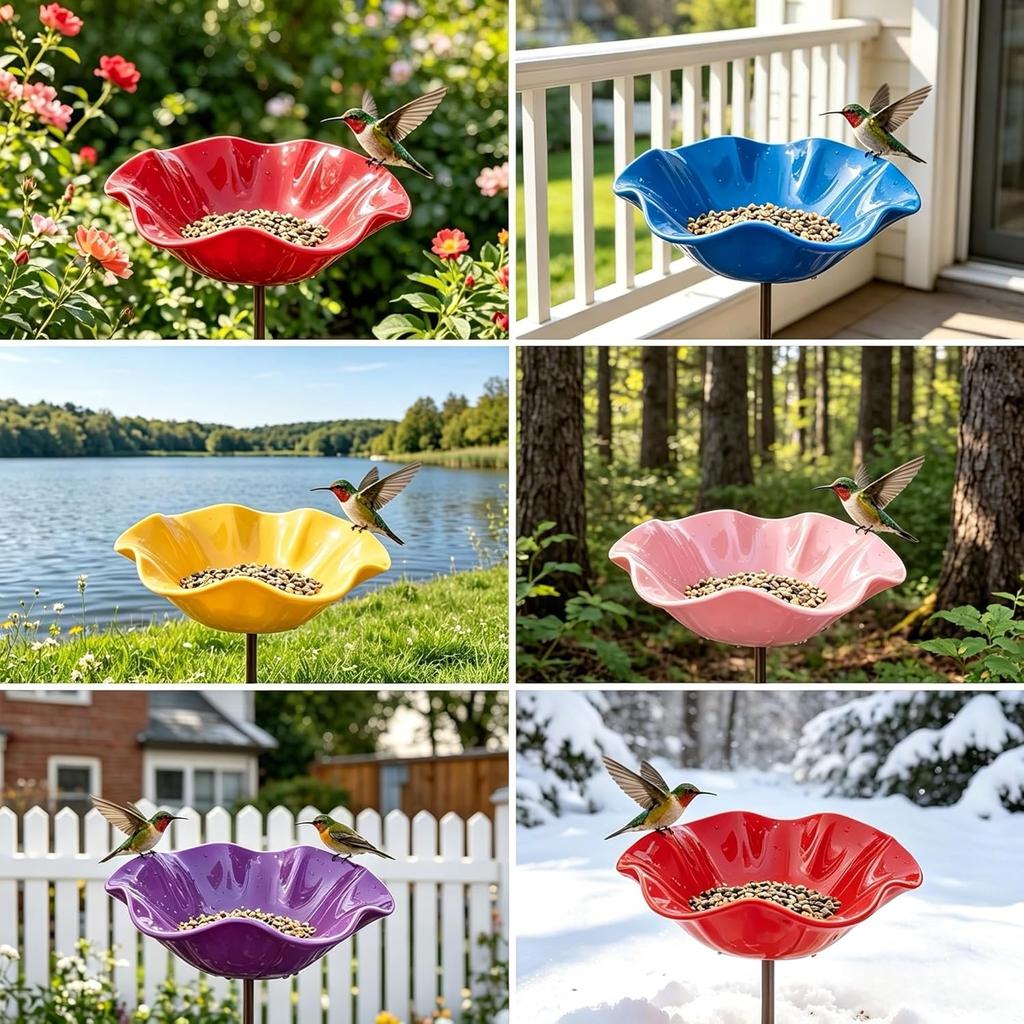 Piquet de Jardin 4 en 1 Multifonction Bain d'Oiseaux Mangeoire Colibris Fleur en Métal Faite à la Main Design Résistant aux Intempéries Rose pour Abeille Papillon Extérieur