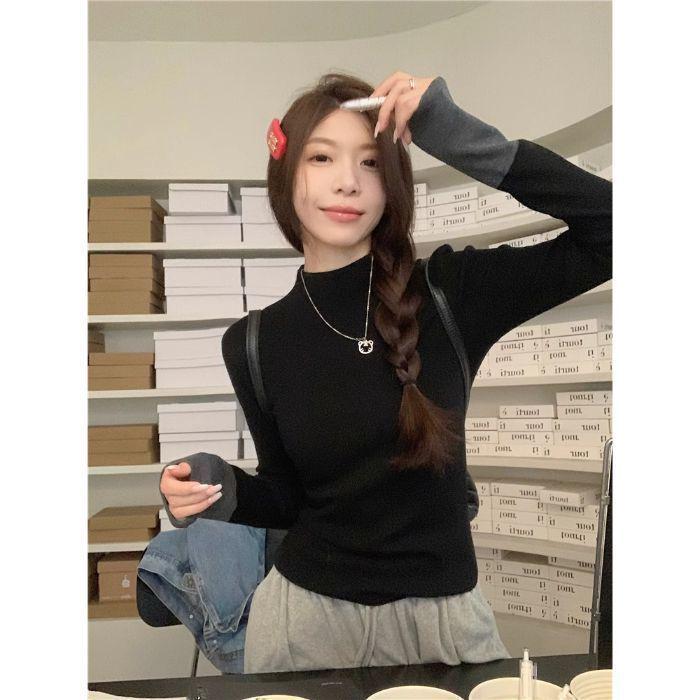 Women s Winter Slim Fit Soft Velvet Color Block Turtleneck Long-Sleeve T-Shirt L (100-115 jin) чёрный