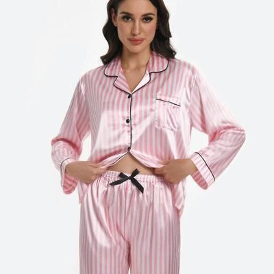 Leopard Print Pink Striped Ice Silk Pajama Set: Women's Long Sleeve Cardigan & Pants