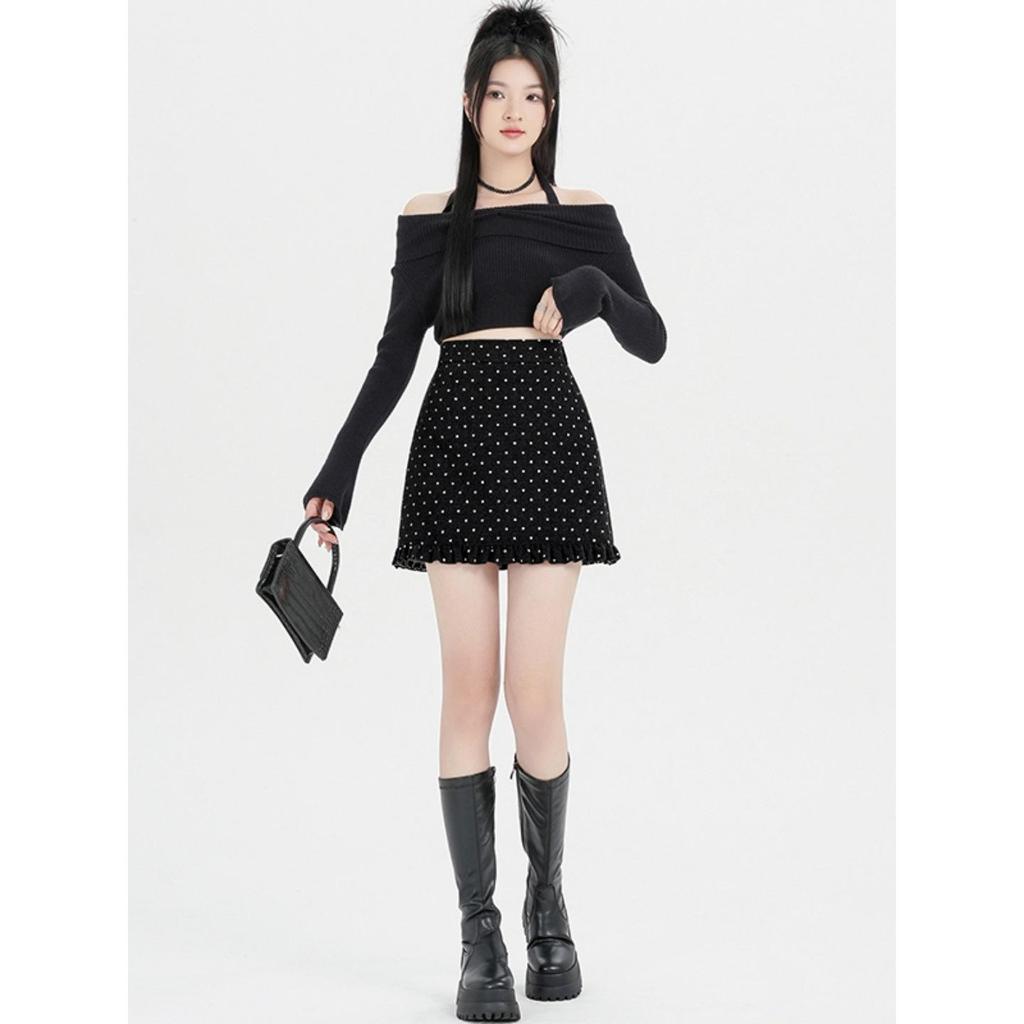 Grauer Polka Dot Wollrock in A-Linie mit hoher Taille und Rüschen für Damen in Übergröße