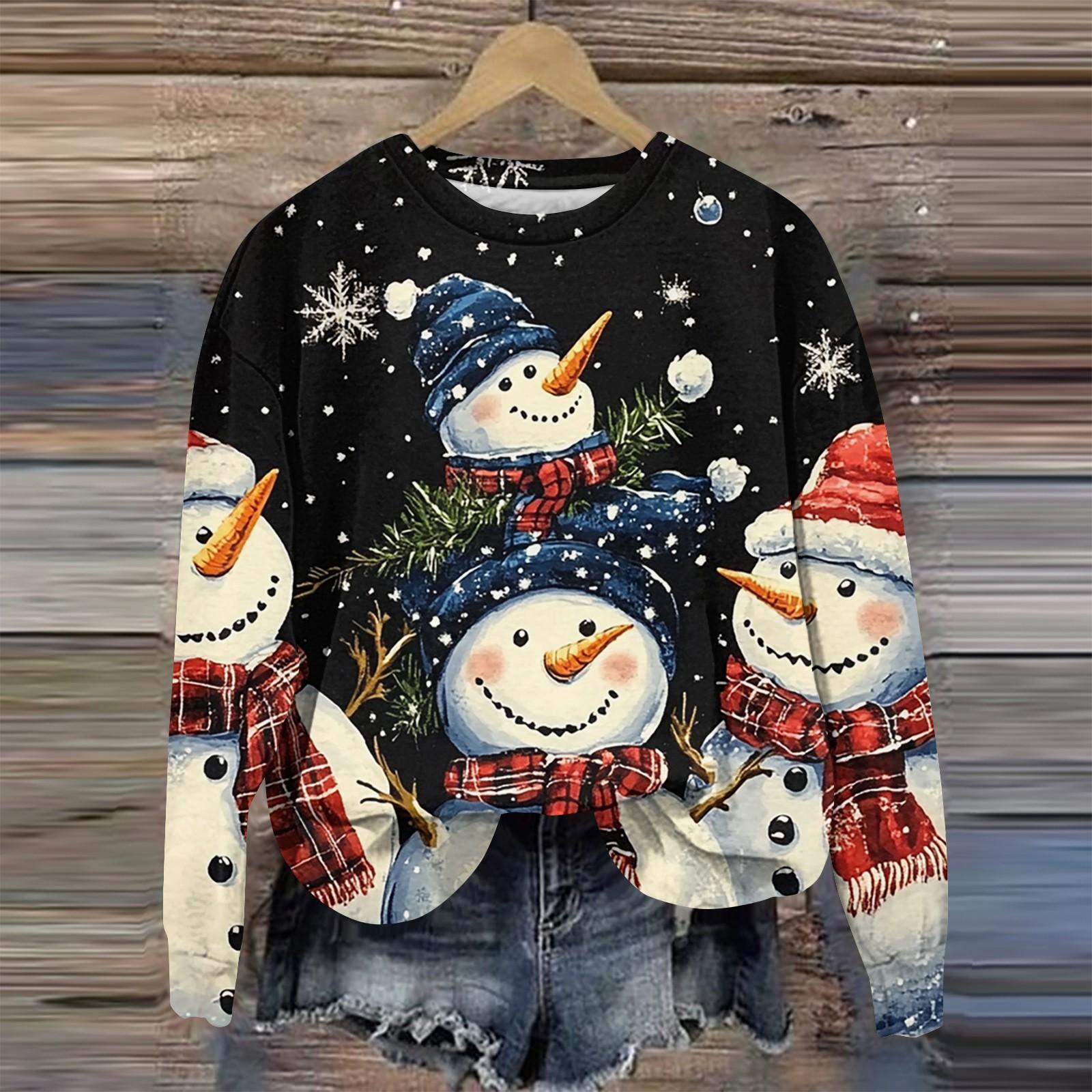 Женская мода круглый вырез пуловер длинный рукав футболка рождественский принт топ M — фото 7