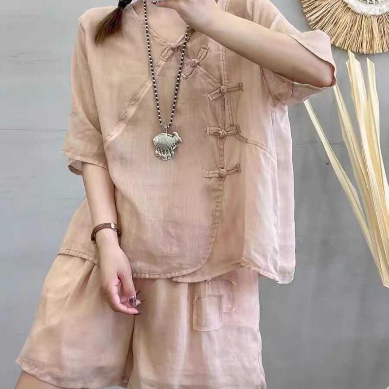 

Women s Retro Chinese Frog Button Linen Shirt & Wide-Leg Pants Set XXL рожевий