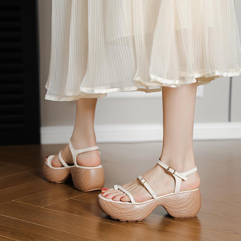 Thin Strap Thick Sole Cover Toe Sandals Women's Summer New One-word Strap Roman Shoes Small Height-increasing Shoes Muffin Waterproof Table