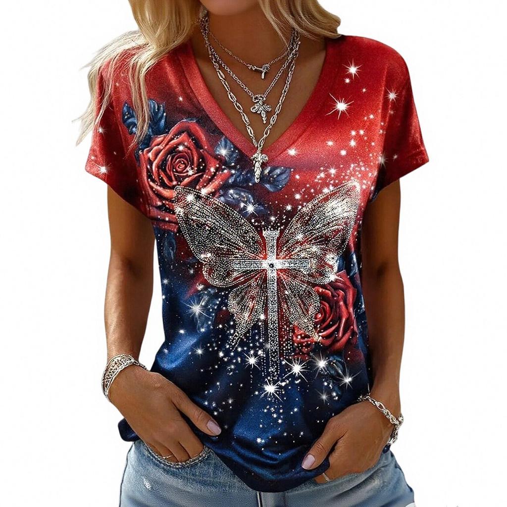 Women's Casual V Neck Short Sleeve Pullover T Shirt Independence Day Graphic Print Top Lightweight Comfortable Fit
