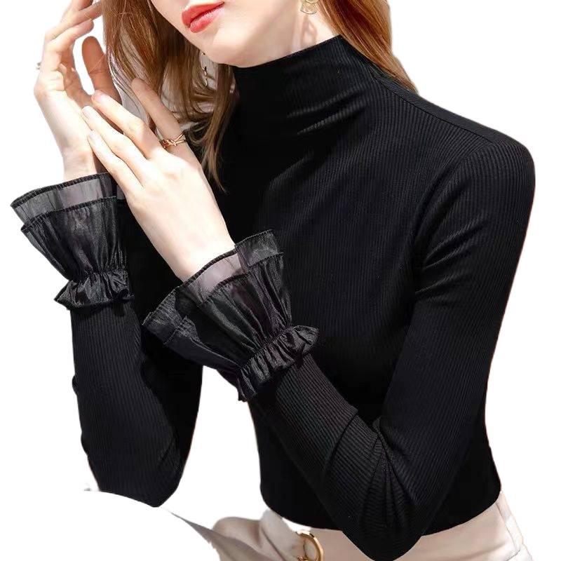European Bell Sleeve Mesh T-shirt for Women - Slim Fit, Half-High Collar, Autumn/Winter 2025 Collection