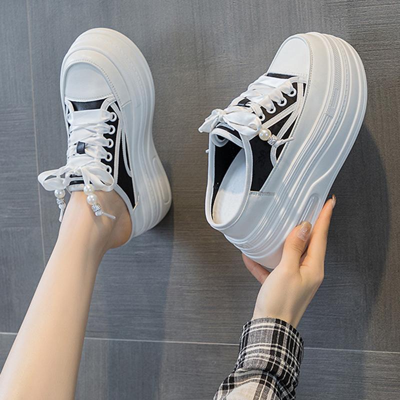 Spring Summer New Fashion Heightening Sneakers Baotou Half Slippers Outside Wear Thick Bottom Leisure Lace Up Tennis Board Shoes