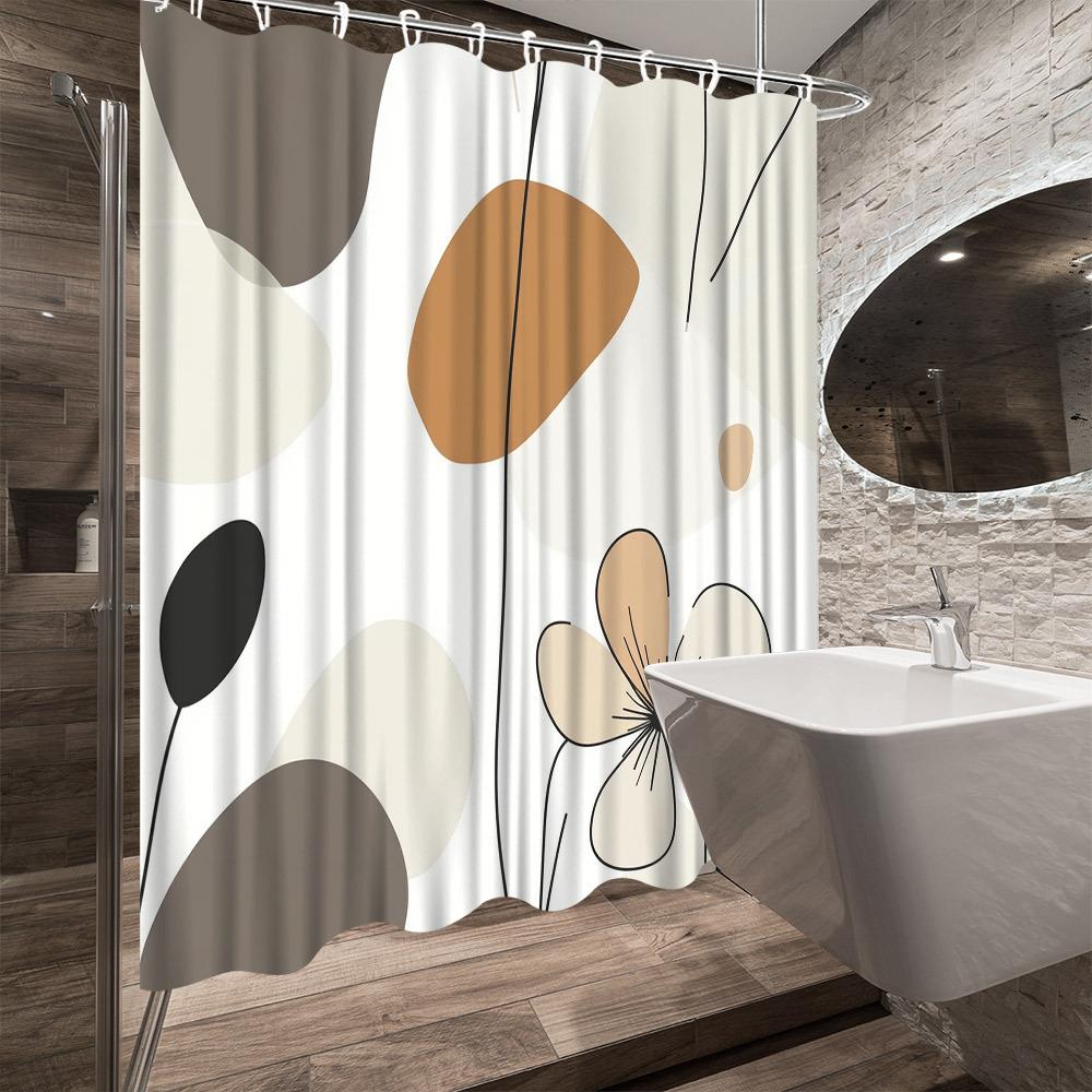 Modern Abstract Floral Shower Curtain - Minimalist Design, Beige/Brown/Black Geometric Pattern on White, Polyester