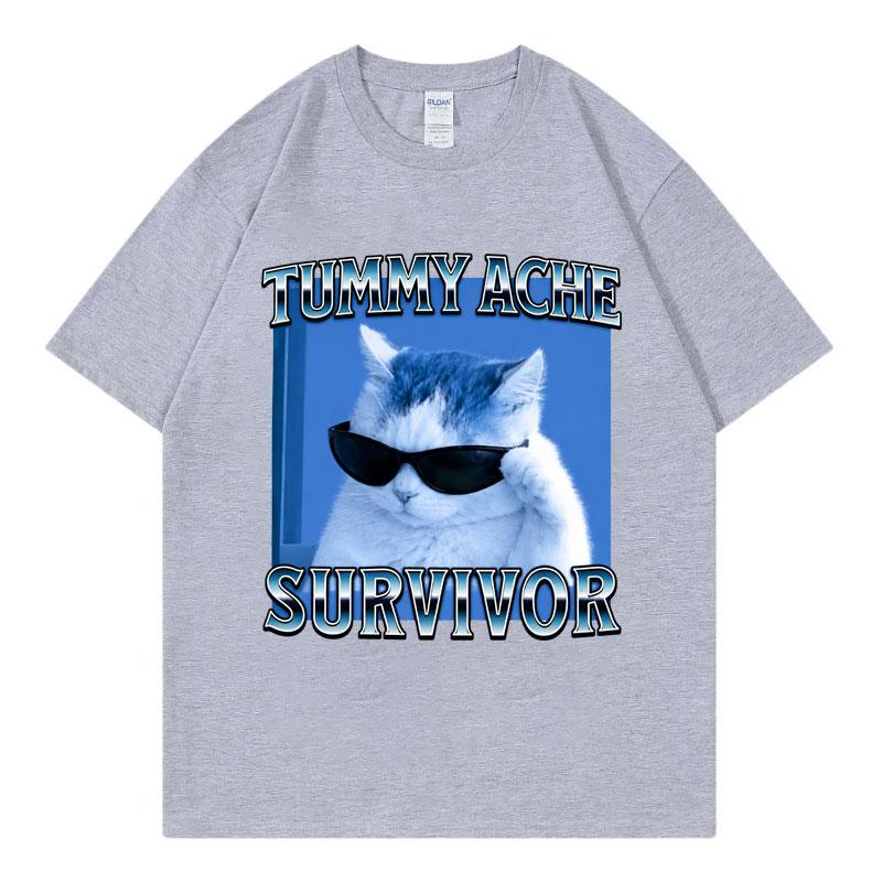 Tummy Ache Survivor Funny Cat Meme Tshirt Unisex Unisex Casual Comfort Short Sleeve Tshirts High Quality Fashion Oversized T Shirt