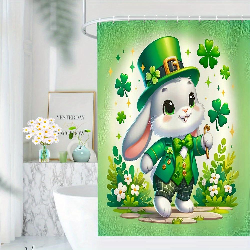 Waterproof Polyester Shower Curtain - Green Leprechaun Rabbit With Hat & Clover, St. Patrick'S Day Decor, Machine Washable