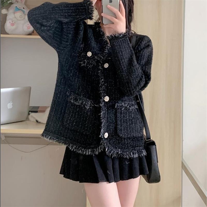 2025 autumn new imitation mink small fragrant knitted cardigan top gentle and sweet wind vertical stripes thin coat
