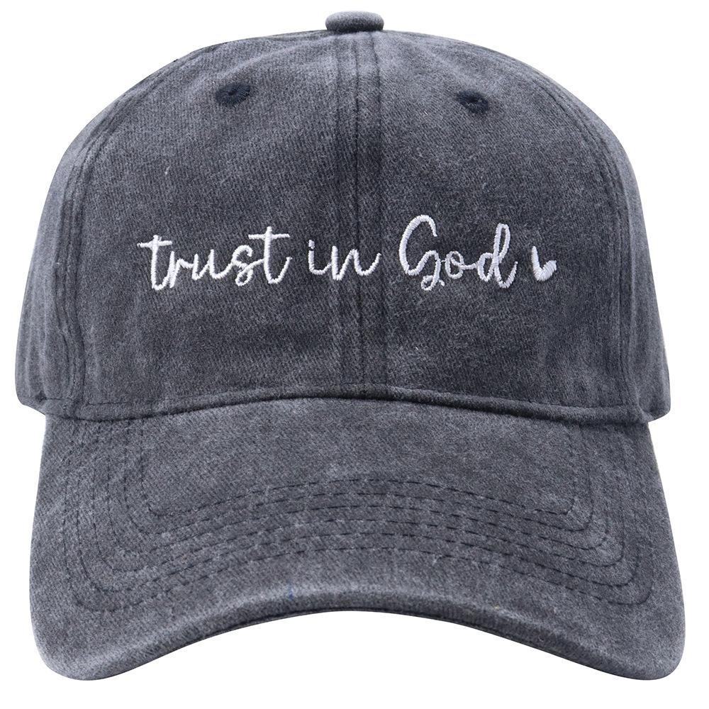 American-style  Trust God  Vintage Distressed PVC 6-Panel Baseball Cap Machine Embroidery Washed Denim Curved Brim Unisex чёрный