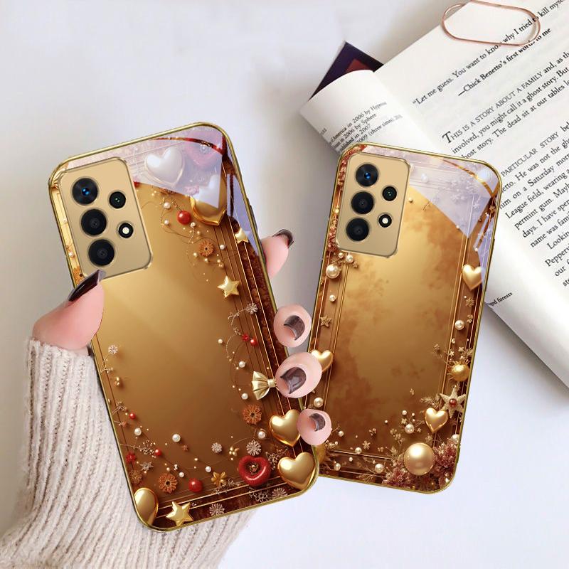 Golden ribbon and bow For Samsung A 01 52S A04 A05S A10 A12 13 22 23 24 36 42 M02 Note 10 20Ultra 8 9 Golden glass phone case