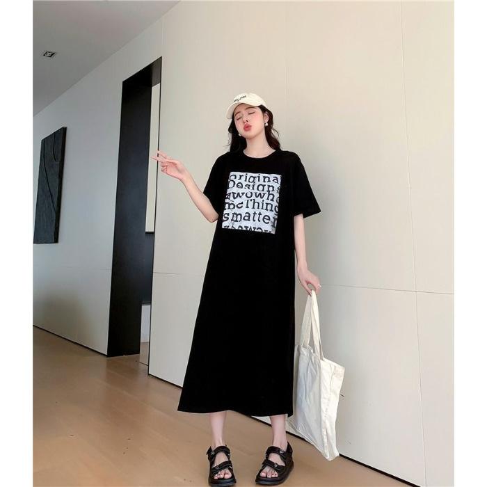 New Korean bf Harajuku short-sleeved T-shirt women s long dress loose and thin over the knee split long dress women s summer M чёрный