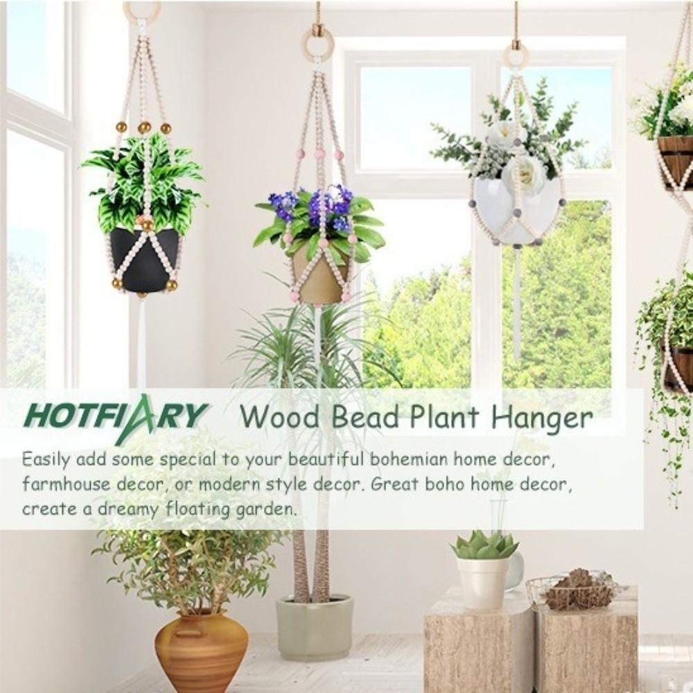 Natural Wood Beads Hanging Planter Basket Macrame Fringe Macrame Plant Hanger Outdoor Garden