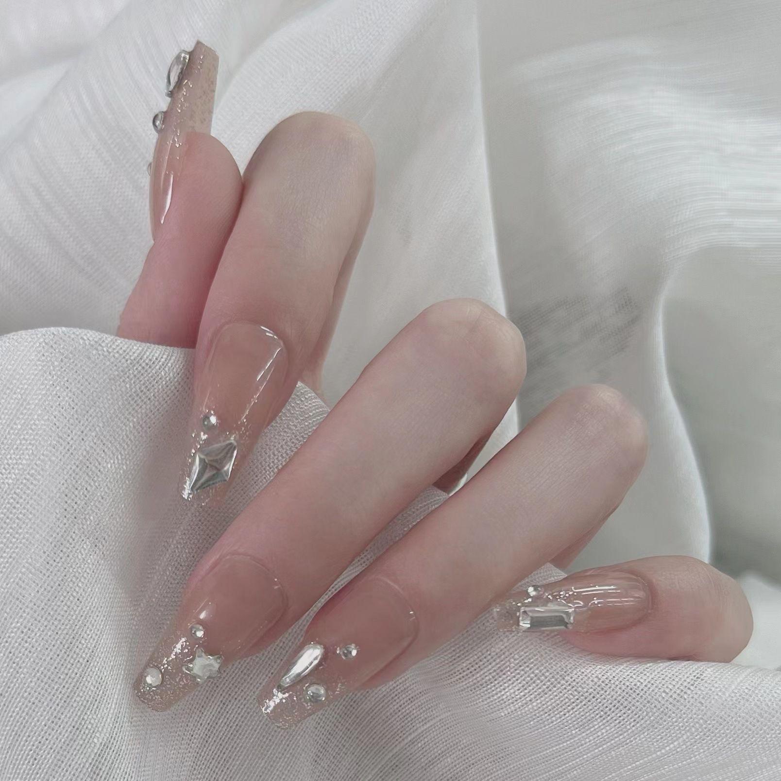 Elegant French Nude Rhinestone Press-on Nails - Sweet Translucent Fake Nail Stickers and Wearable Tips