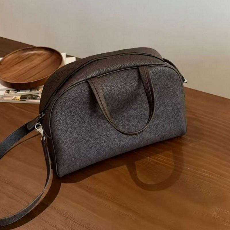 2026 New Genuine Leather Women's Bag Top Layer Cowhide Bowling Ball Large Capacity Commuting Boston Casual Single Shoulder