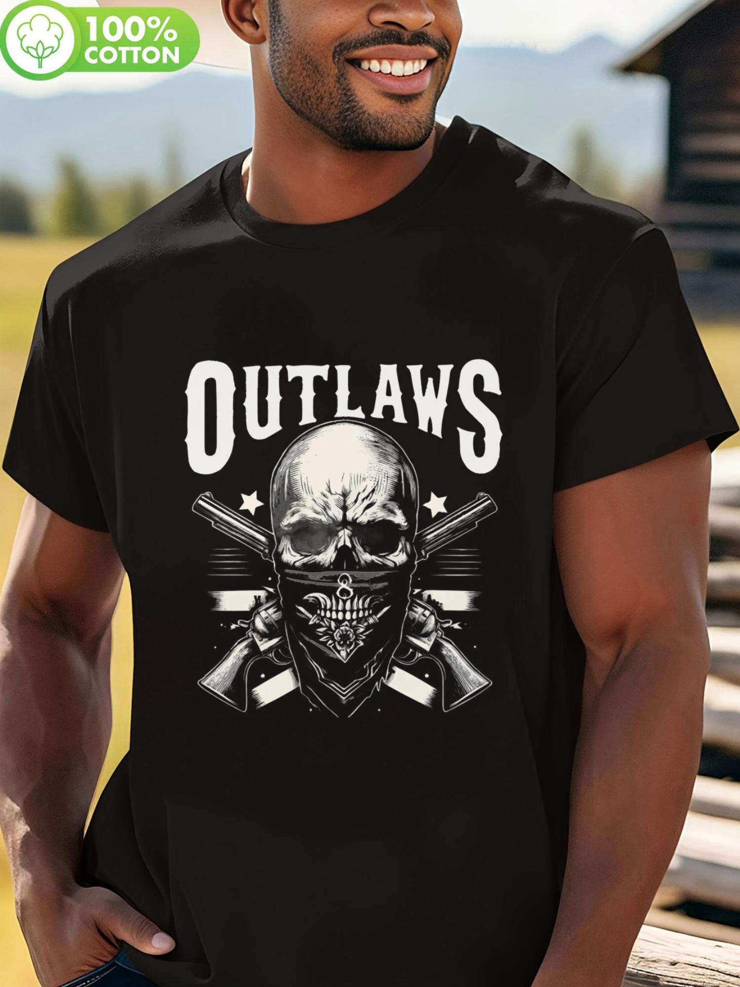 Outlaw Skull & Crossed Guns Graphic T-shirt - 100% Cotton Casual Crew Neck Tee with Bold OUTLAWS Print & Bandana Design - Soft XXL