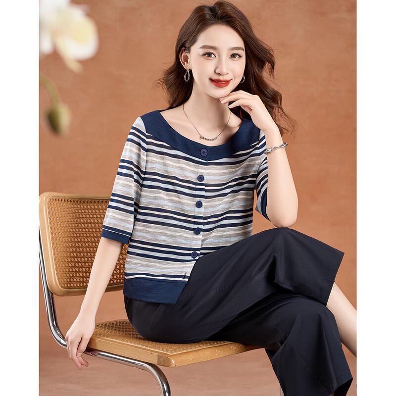 Women s Striped Button-Up Top & Cropped Pants Two-Piece Set 2XL