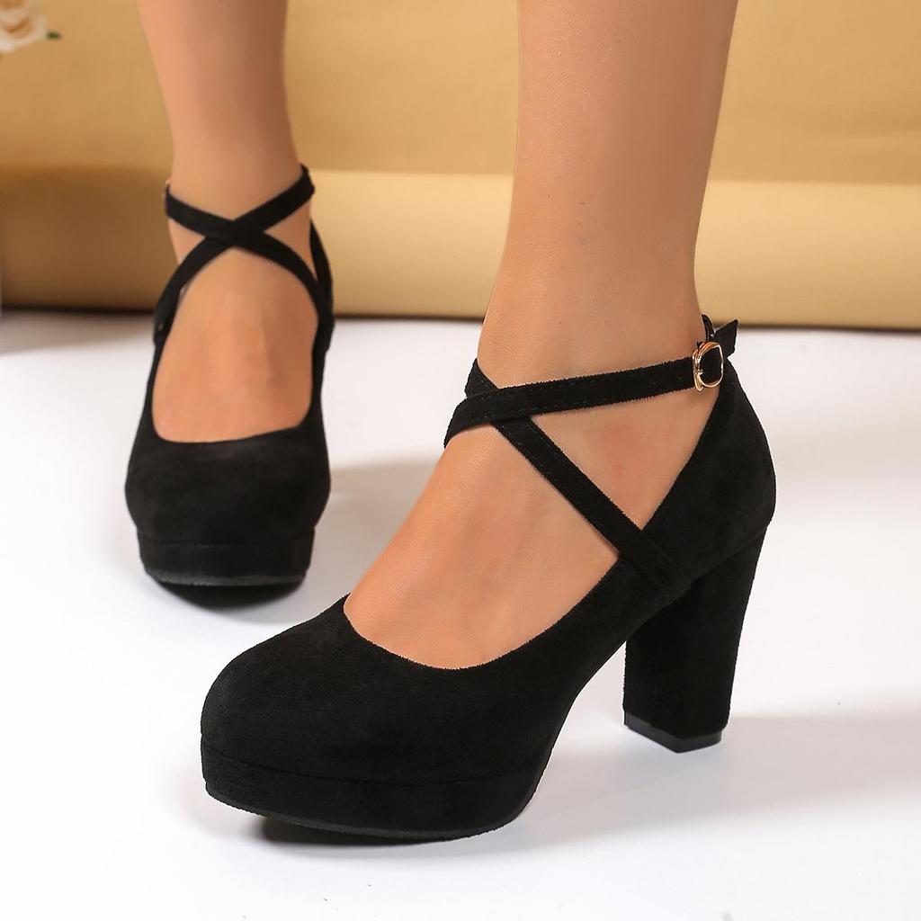 Damenschuhe mit Absätzen Damen Plateau-Pumps Frühling Sommer Flache Riemchen Schnallenschuhe Schuhe mit runder Spitze für Damen Hohe Absätze