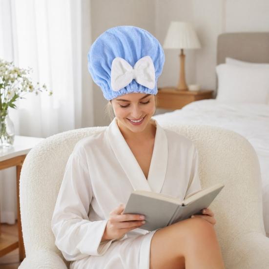 Dry Hair Cap, Bow Decor Soft Thickened Fabric Hair Towel, Ultra Absorbent Hair Wrap for Women Bathing Skin Care