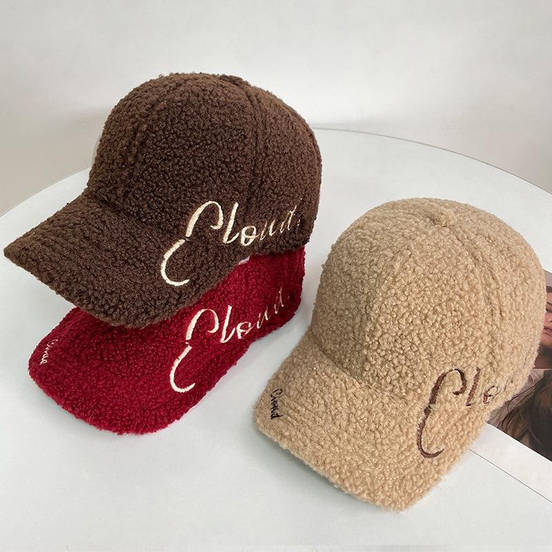 Embroidery letters lamb wool baseball cap children autumn and winter wide brim show face small warm versatile cap men