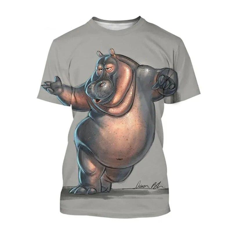 

Летняя повседневная мужская футболка с забавным бегемотом и графическим принтом, топы с круглым вырезом и короткими рукавами Y2k, модные уличные свободные футболки