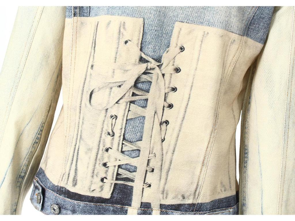 Damen Retro Slim-Fit Rissige Jeansjacke mit Visuellem Print