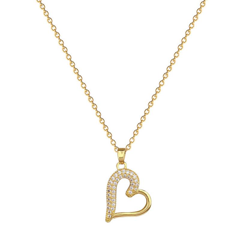 Love Peach Heart Full Diamond Light Luxury Temperament Gorgeous Full Diamond Necklace Female Versatile Collarbone Chain Titanium Steel Chain