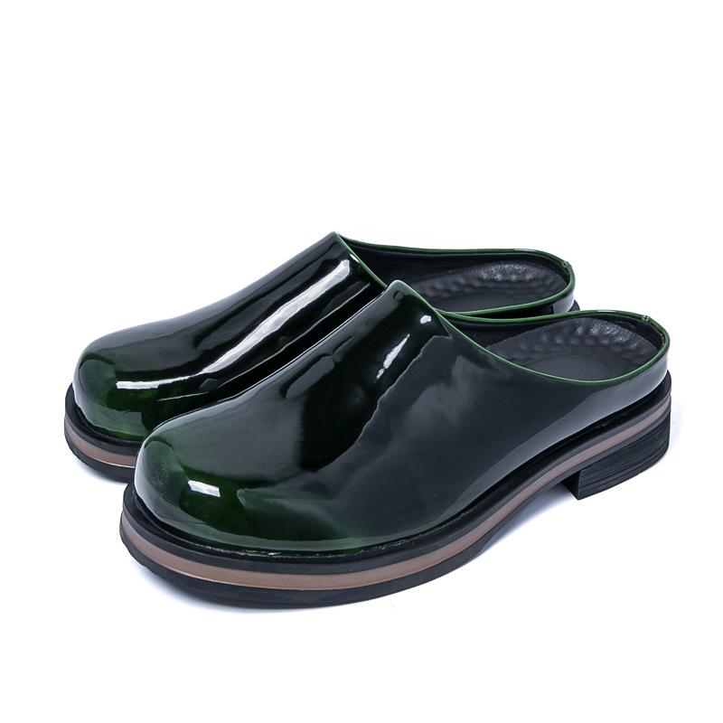 Summer half slippers men's one-foot platform leather shoes glossy patent leather Korean version trendy big-headed Boken slippers
