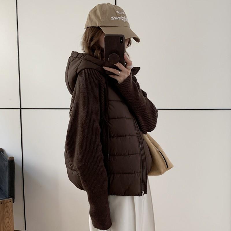 Womens Short Faux Two-Piece Knit Sleeve Patchwork Padded Jacket Winter Slim Fit Casual Coat
