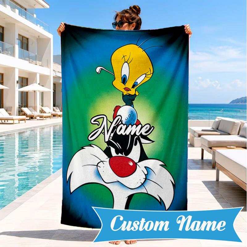 Custom Name Cute Tweety-Bird Artwork Heart In Space Adventure Microfiber Beach Towel, Lightweight for Summer Travel, Swimming Pool Fan Gift