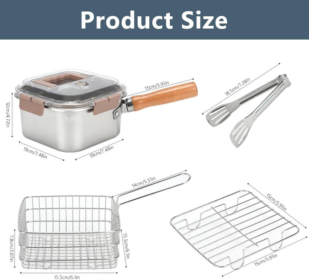 Deep Fryer, Square Frying Pot with Basket and Lid Portable Deep Frying Pan with Handle Oil Strainer Po