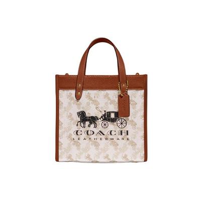 Coach Campo 22 Classico Cavallo e Carrozza Stampa Firma Fascino Tela Rivestita e Pelle Borsa Tote Donna Borsa Tote Marrone Bianco C8456-B4TXF