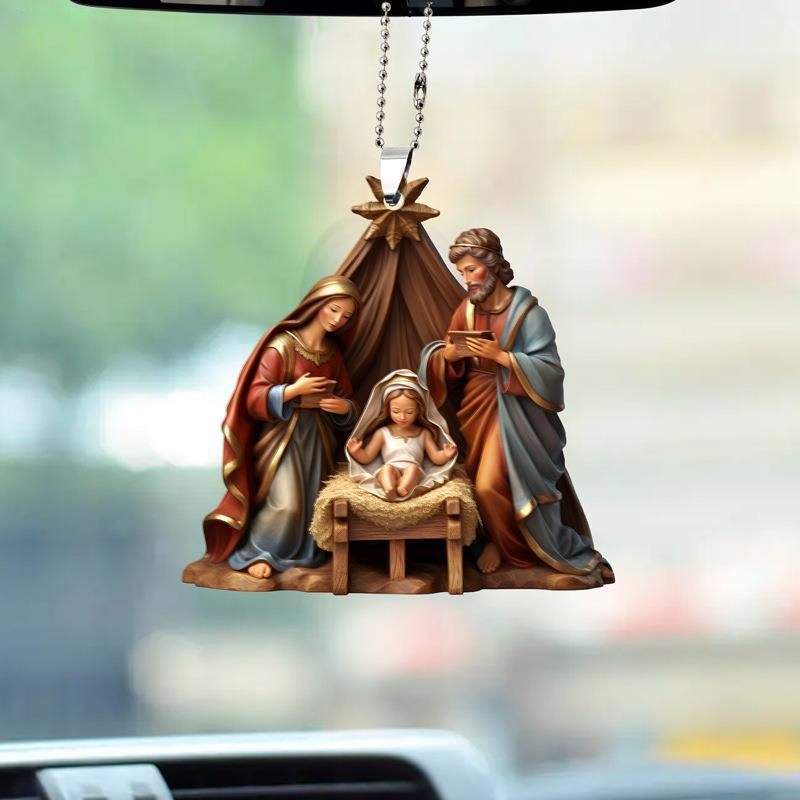 Christmas Tree Jesus Pendant Ornament Family Prayer Scene Pendant Bright Colored Car Decoration Pendant Home Decorations
