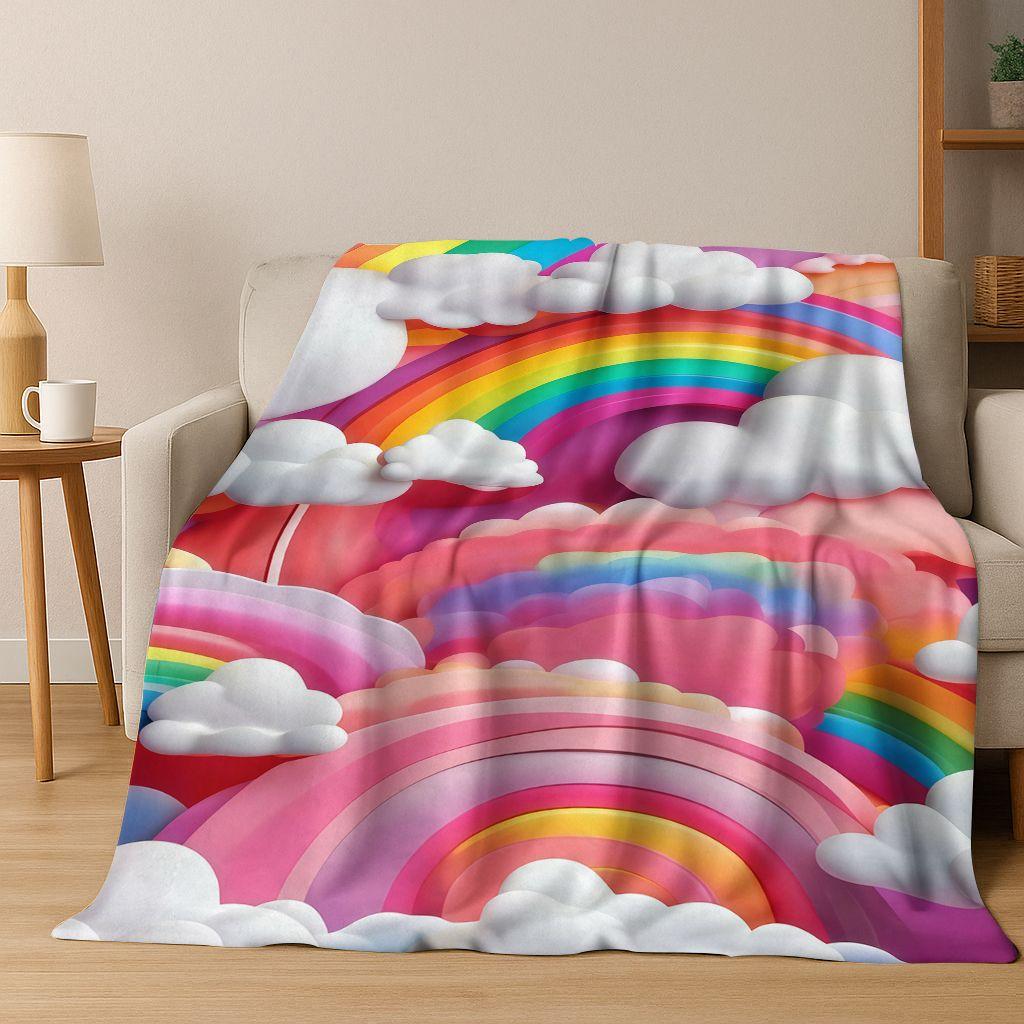 Colorful Rainbow Clouds Dream Sky Cartoon Flannel Blanket,Cozy Soft Throw Blanket for Home Bedroom Bed Sofa Picnic Cover Kids