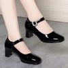 Women Glossy Leather Block Heel Mary Jane Shoes Spring Autumn New Soft Sole Round Toe Shallow Buckle Strap High Heel Nude Shoes